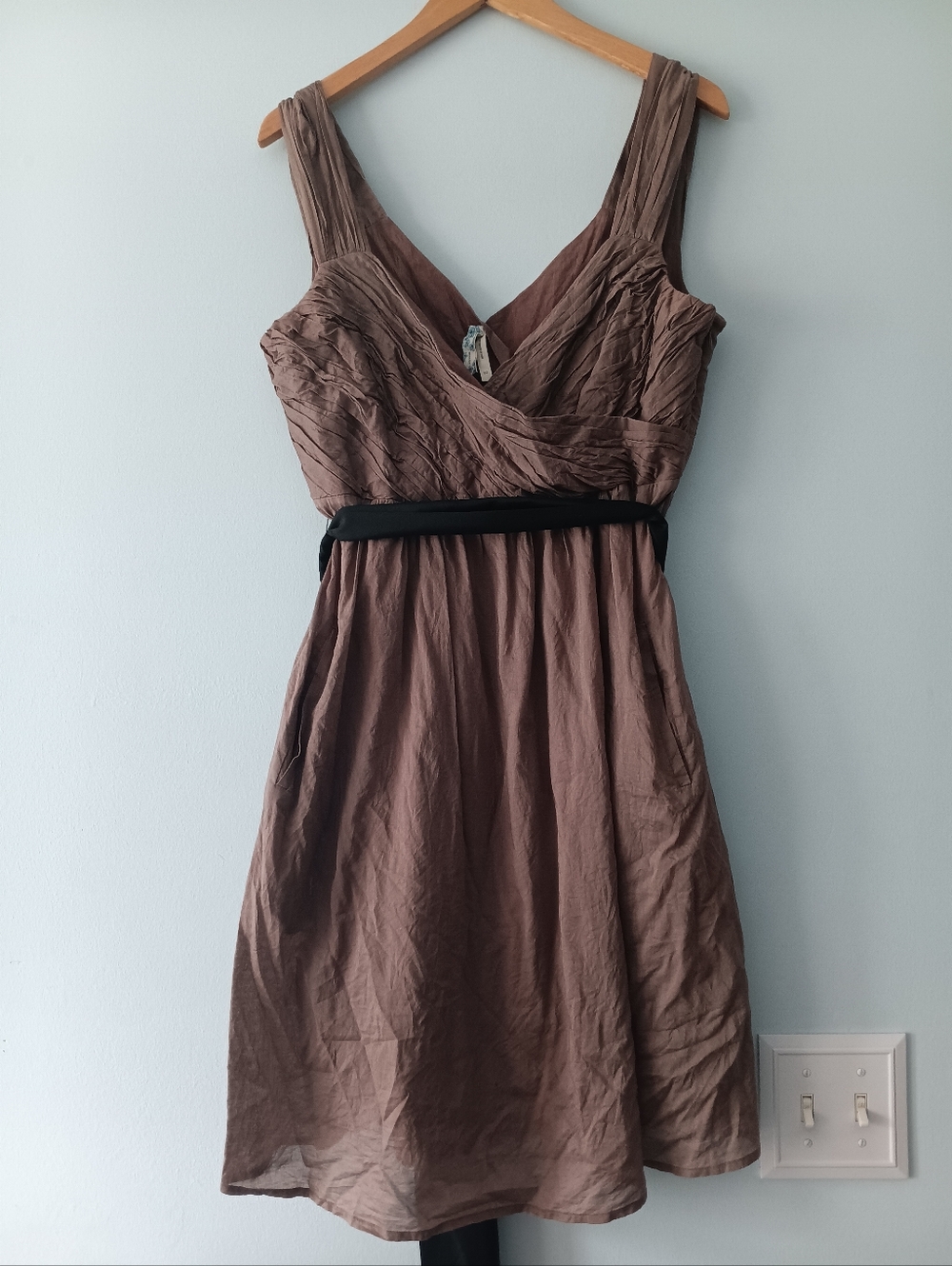 Maeve Brown Ruched V Neck Cotton Dress Fit Flare Sleeveless Belted 10